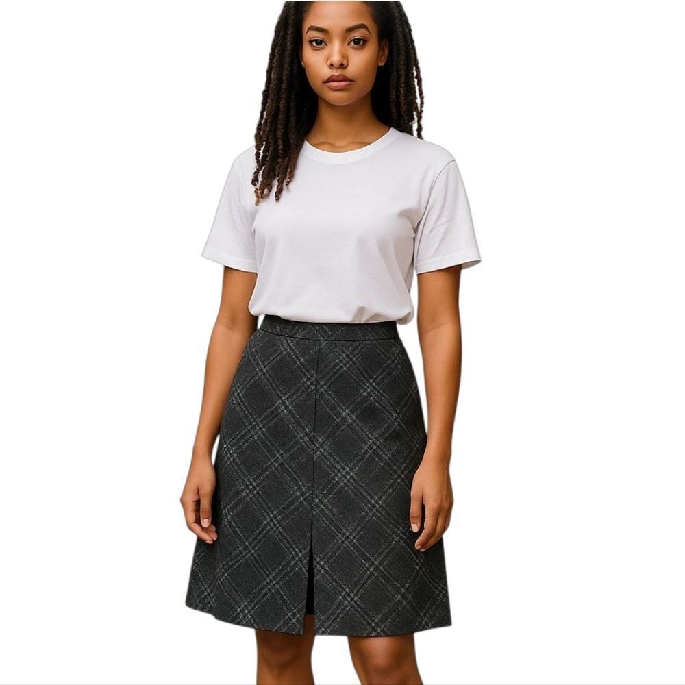 Akris Punto Black Textured Plaid Wool Blend Pencil Skirt -‎ Size 8